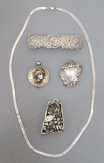 (5) STERLING & OTHER SILVER BROOCHES & PENDANTS, FLAT HERRINGBONE CHAIN