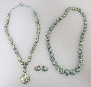 (3) SILVER & TURQUOISE INLAY BEADED NECKLACES & EARRINGS