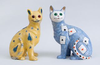 TWO SIMILAR PAINTED POTTERY FIGURES OF SEATED CATS, IN THE MANNER OF GALLÉ
