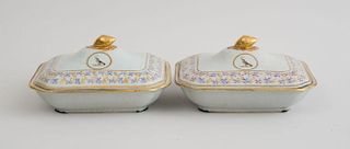 PAIR OF CHINESE EXPORT PORCELAIN CRESTED VEGETABLE DISHES AND COVERS