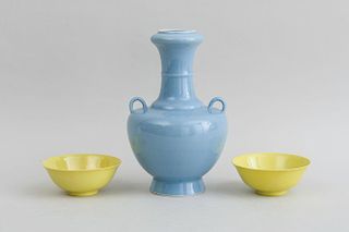 PAIR OF CHINESE YELLOW-GLAZED PORCELAIN FOOTED BOWLS AND A ROBIN'S EGG BLUE-GLAZED VASE
