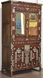 ANTIQUE KOREAN MAHOGANY CABINET WITH MOTHER OF PEARL DETAILS