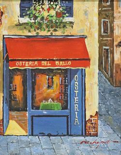 FRAMED ACRYLIC ON CANVAS, OSTERIA DEL GALLO, SIGNED