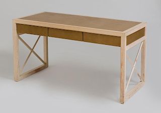 PICKLED OAK AND LEATHER DESK, DESIGNED BY ALBERT HADLEY, CIRCA 1970