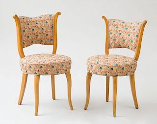 PAIR OF ARTE MODERNE STYLE FRUITWOOD AND SILK EMBROIDERED SIDE CHAIRS
