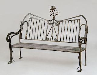 MODERN PAINTED WROUGHT-IRON AND WOOD GARDEN BENCH