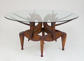 JUDY KENSLEY MCKIE (AMERICAN B. 1944) REINDEER TABLE, WALNUT AND ASH AND GLASS, CIRCA 1988