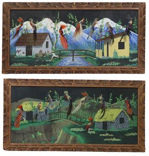 (2) FRAMED BIRD PAINTINGS WITH APPLIED FEATHERS, MEXICO