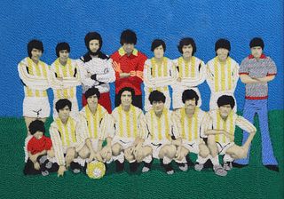 MEXICAN YARN PAINTING OVER PHOTOGRAPH, SOCCER TEAM