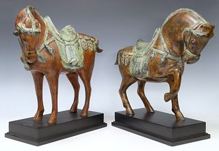 (2) CHINESE TANG STYLE PATINATED METAL SCULPTURES OF HORSES