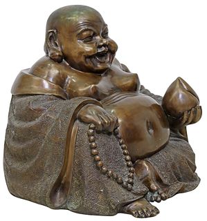 LARGE CHINESE PATINATED BRONZE SCULPTURE BUDAI LAUGHING BUDDHA