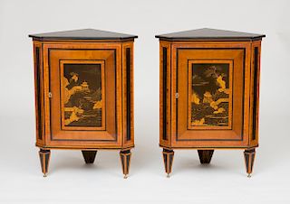 PAIR OF DUTCH NEOCLASSICAL TULIPWOOD, SATINWOOD AND EBONIZED PARQUETRY CORNER CABINETS