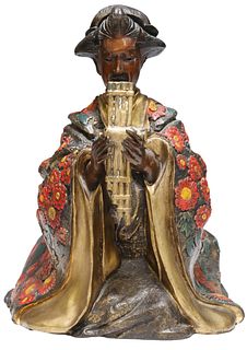 COLD PAINTED BRONZE SCULPTURE, GEISHA WITH INSTRUMENT