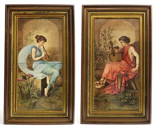 19th C. Large Pair of French Hand Painted Plaques/Tiles
