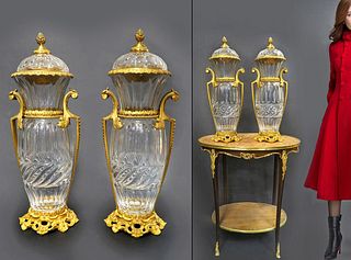 Monumental Pair of French Bronze/Baccarat Crystal Vases