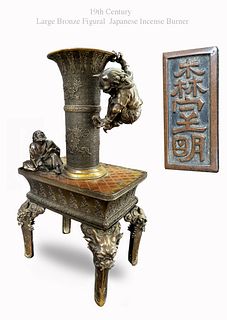 A Large 19th Century Japanese Figural Bronze Incense Burner, Signed