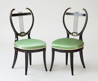 PAIR OF BIEDERMEIER STYLE EBONIZED, SILVER-GILT AND METAL SIDE CHAIRS