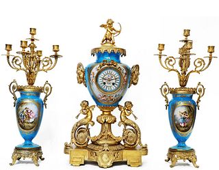 19th C. French Sevres Hand Painted Porcelain Bronze Clock set
