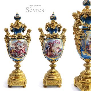 A Pair of Large 19th C. Sevres Hand Painted Bronze Figural Vases