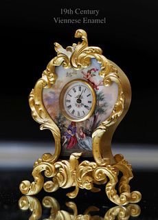19th C. Austrian Viennese Enamel Bronze Miniature Clock