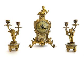 19th C. Judaica Champleve & Bronze Clock Set