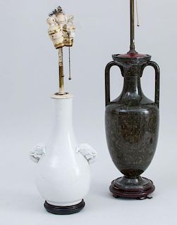 CARVED MARBLE TWO-HANDLED URN, AFTER THE ANTIQUE, MOUNTED AS A LAMP