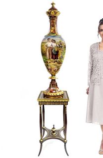 Monumental Royal Bonn Hand Painted Covered Vase 48"
