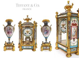 19th C. TIFFANY & Co. Sevres Champleve Enamel Clock Set