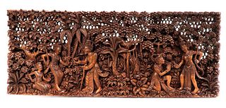 Vintage Figural Thai Wooden Carved Panel