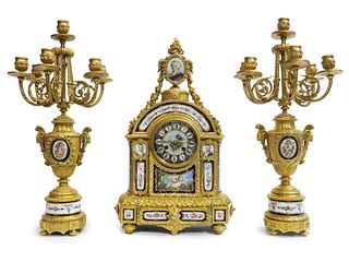 19th C. French Bronze & Sevres Porcelain Clock Set