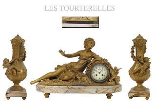 Les Tourterelles, F. Moreau Mantel Clock Set, 19th C.