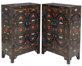 (2) CHINOISERIE BLACK LACQUER & PAINTED SIDE CABINETS