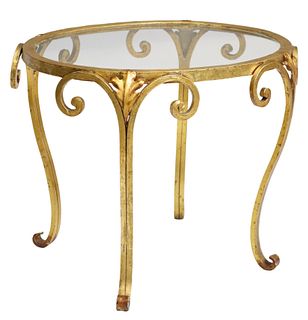 PETITE FRENCH GILT WROUGHT IRON GLASS TOP SIDE TABLE