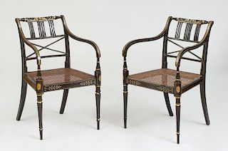 PAIR OF REGENCY FAUX GRAIN PAINTED, PARCEL-GILT AND CANED ARMCHAIRS