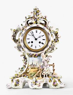 French mid 19th century rococo porcelain mantel clock with flowers, foliage and female figure