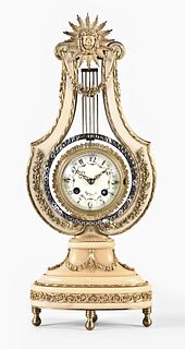 French lyre form mystery clock with brilliant ring pendulum