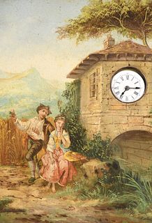 France, musical picture clock with painted metal canvas of young couple courting