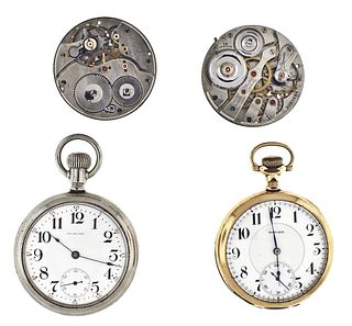 A lot of two 19 jewel Waltham and Howard pocket watches and two 19 jewel movements