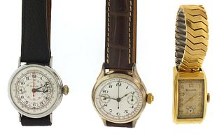 A lot of three wrist watches including two monopusher chronographs with Valjoux 23 movements