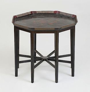 ENGLISH PONTYPOOL BLACK PAINTED TÔLE OCTAGONAL TRAY ON LATER STAND