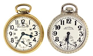 A good lot of two 16 size American pocket watches, one with wind indicator