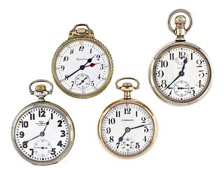 A good lot of four 16 size American pocket watches including one with wind indicator