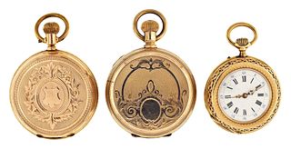 A lot of two gold pocket watches and a gold pocket watch case