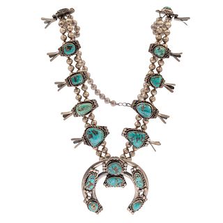 Navajo Turquoise, Sterling Silver Squash Blossom Necklace