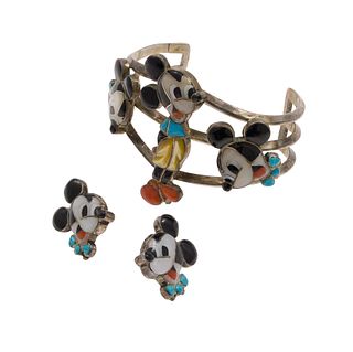 Zuni Mickey Mouse Multi-Stone, Sterling Silver Jewelry Suite, Veronica Poblano