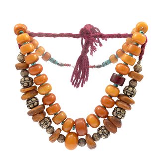 Collection of Two Moroccan Berber Amber, Turquoise, Resin Necklaces