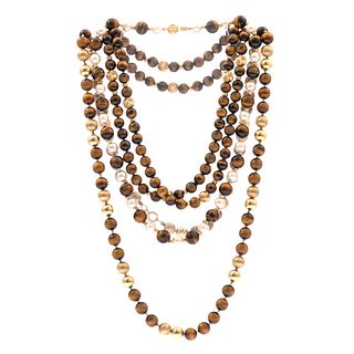 Collection of Three Tiger's Eye, 14k Yellow Gold Necklaces