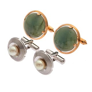 0Two Pairs of Aventurine, Cultured Pearl 14k, Silver Cufflinks