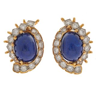 Pair of Lapis Lazuli, Diamond, 18k Yellow Gold Ear Clips