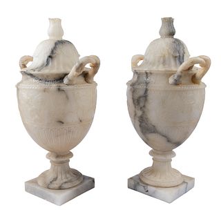 Pair Neoclassical Alabaster Covered Urns